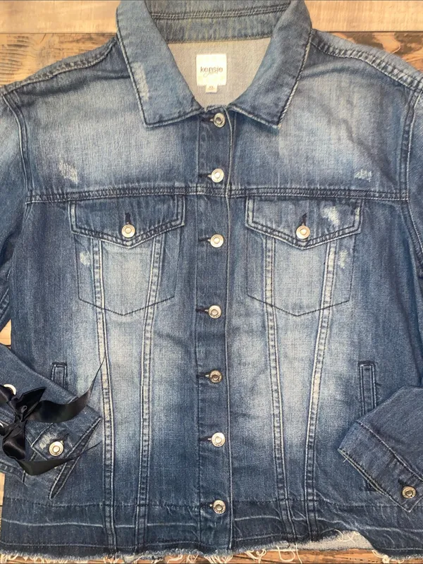 Denim Jacket with Ribbon Lace-Up Sleeves - Blue - Image 4