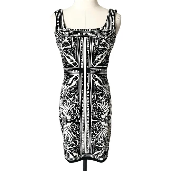 Farm Rio Elegance Scarf Mini Dress Black White Bodycon Geometric Knit Size XS - Image 2
