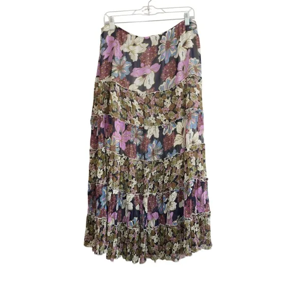Christopher & Banks Vintage Floral Tiered‎ Flowy Maxi Skirt Purple Boho Chiffon Artsy Whimsical - Image 6