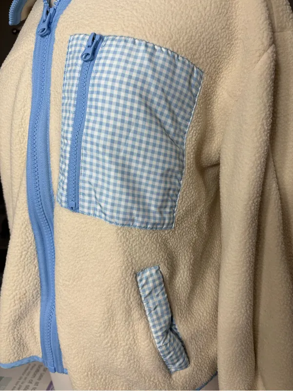 Sandy Liang Cream Sherpa Fleece Gingham Zip Jacket M - Image 3