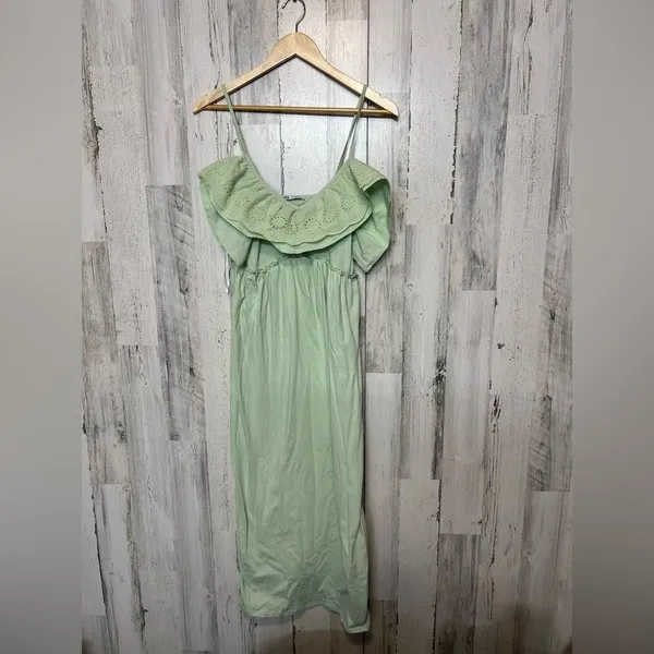 ZARA Green Eyelet Ruffle Maxi Dress Small Off Shoulder Cottagecore Summer - Image 2