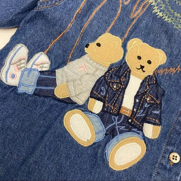 Vintage Embroidered Teddy Bear Chambray Denim Button Down Shirt Blue - Image 3