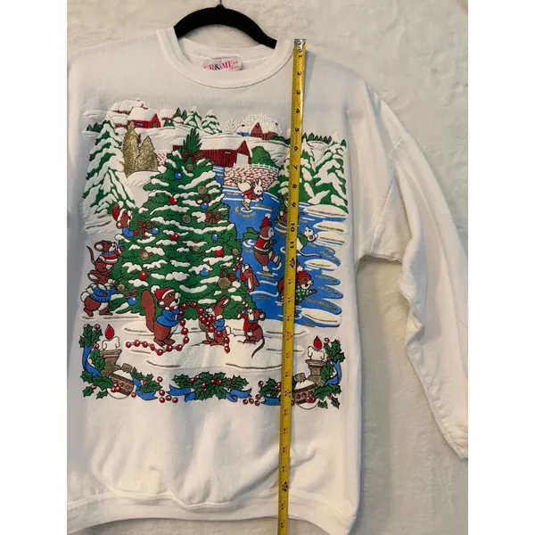 Vintage CR & ME Christmas Sweatshirt Womens Small White Puff Print Animals USA - Image 6