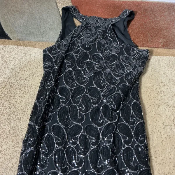 Flapper Gatsby Sequin Fringe Dress Womens XL Black Silver Paisley Glam - Image 8