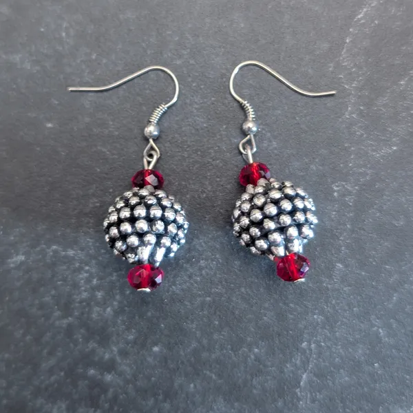 Vintage Hook Dangle Earrings Glam Silver Tone Studded Ball with Red Accent Bead - Image 2
