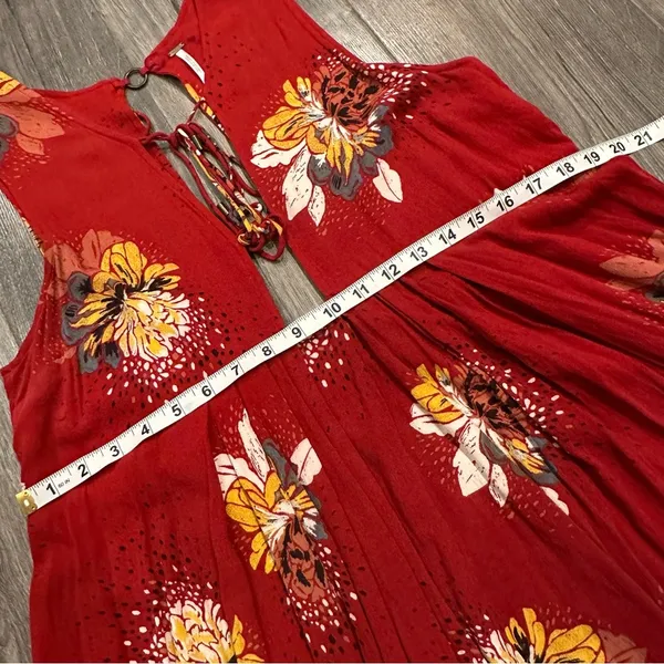 Free People Lovely Day Red Floral Tie Front Tunic Mini Dress S Boho Flowy Boxy - Image 8