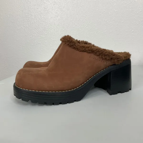 Rocket Dog Brown‎ Leather Faux Fur Lined Platform Clogs Mules Lug Sole 8.5M - Image 3
