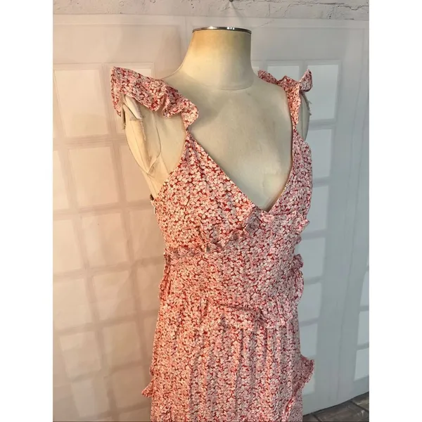 Petal & Pup Red White Deep V-Neck Ruffled Tiered Cutout Back Maxi Sundress Sz 8 - Image 4