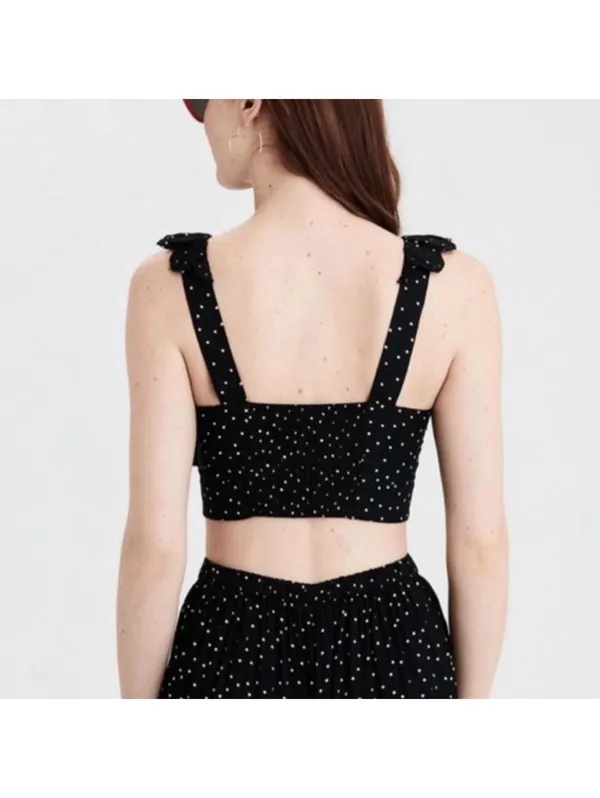 American Eagle XS Crop Top Black White Polka Dot Eyelet Scalloped Ruffle V-Neck - Image 2