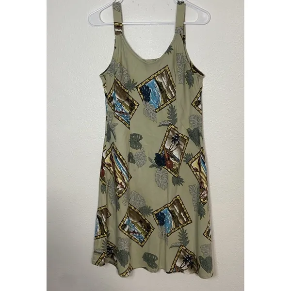 Hilo Hattie Hawaiian Dobby Rayon Sundress Beige Blue Green Size L - Image 10