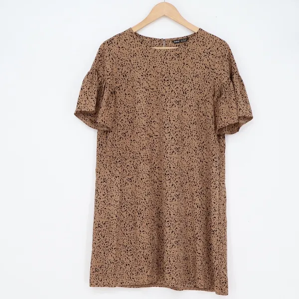 SHEIN Brown Black Speckled Animal Print Ruffle Sleeve Mini Shift Dress Size 4 S - Image 2