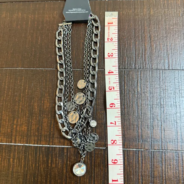 Paparazzi Multi Layered Gunmetal Chain Necklace Rhinestone Hammered Statement - Image 6