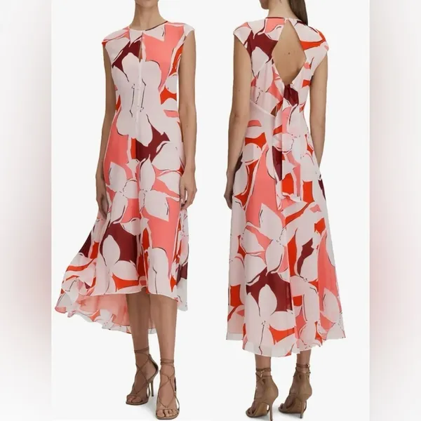 NEW Reiss Chiffon Becci Floral chiffon High-Low Midi open Back Dress Sz 2 - Image 2