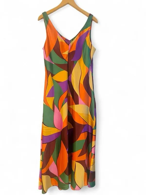 NWT Joie Bessia Satin Abstract Leaf Print V-Neck Slip Maxi Dress M - Image 4