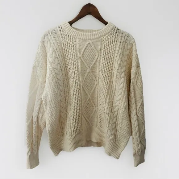 Madewell Oversized Cable Knit Sweater L Cream Ivory Fisherman Preppy Cotton - Image 3