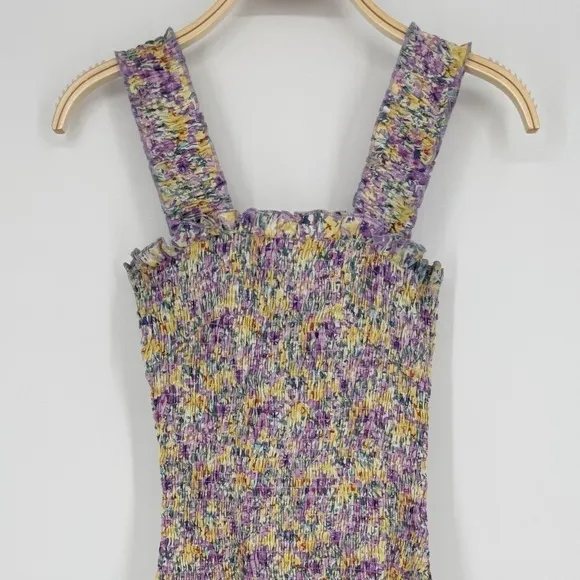 SNDYS Everyday Tina Midi Dress Size 2 Purple Yellow Floral Print Smocked Bodycon - Image 3