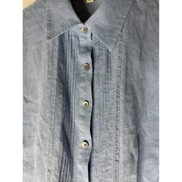 J. Jill Women XL Blue 100% Linen Pintuck Lace Short Sleeve Button Down Shirt - Image 3