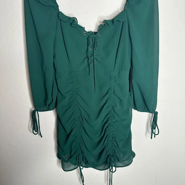 NWT Lulus It Happened in Dublin Forest Green Ruched Lace-up mini dress Sz XS‎ - Image 5