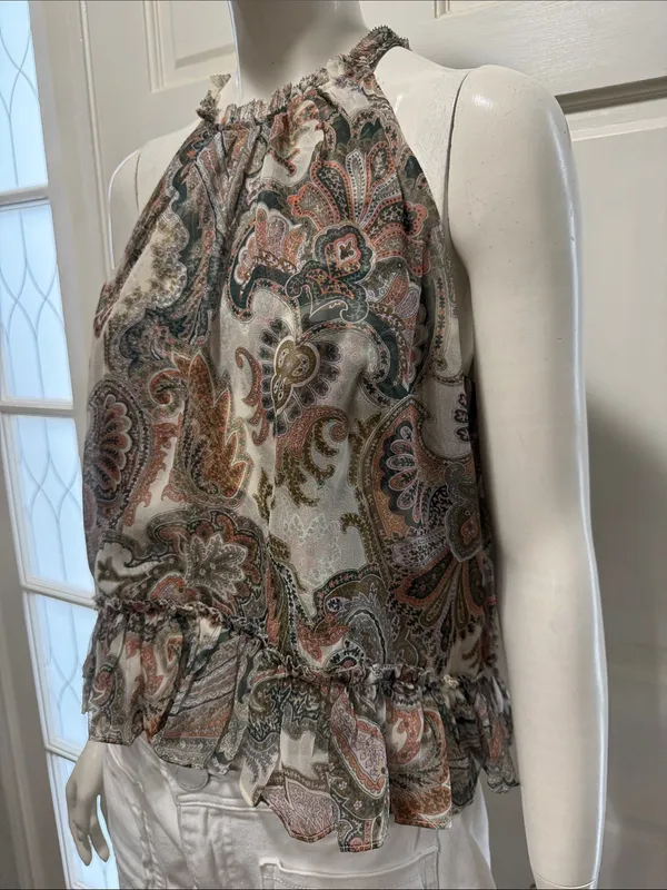 Veronica Beard 100% Silk Paisley Halter Tank - Green, Cream, Coral Size 8 - Image 6