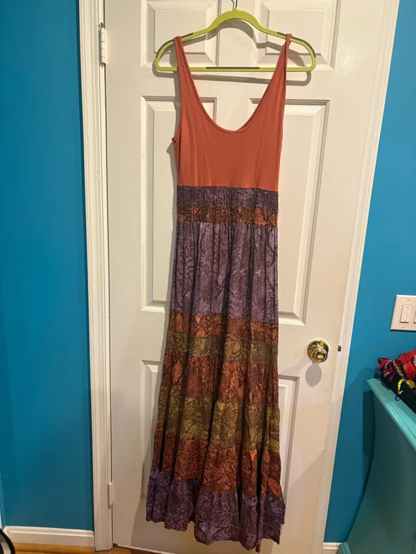 Anthropologie Colima maxi dress snakeskin print burnt orange purple tiered S - Image 4