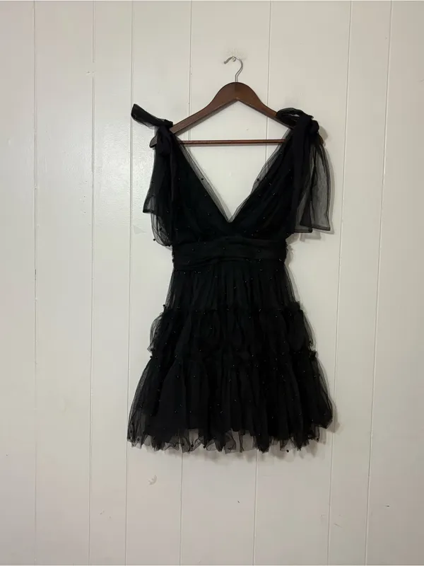 Lulus Tulle Proof Black Beaded Tie Shoulder Mini Dress NWT Size Small Party - Image 3