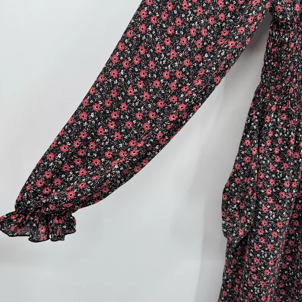 Code Mode Floral Smocked Long Sleeve Midi Dress Black Red Boho Cottagecore Sz M - Image 5