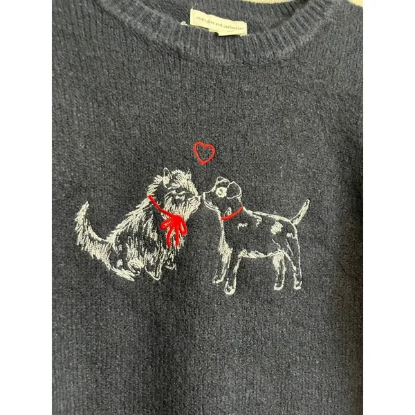 Cupcakes and Cashmere Navy Blue Dog Puppy Love Heart Embroidered Knit Sweater L - Image 3