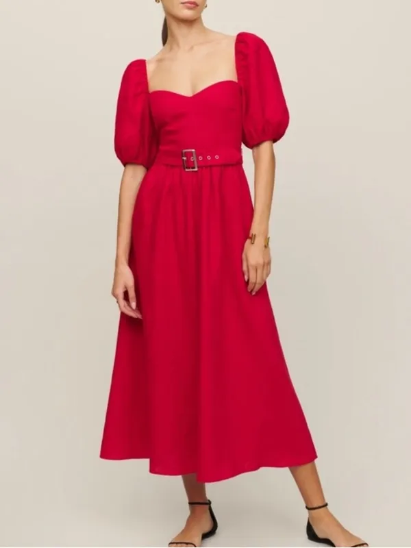 Reformation 4 NEW Tien Linen Dress Cherry Red Fitted Waist Puffy Holiday Belted - Image 4