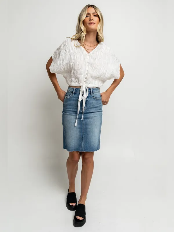 Boheme Alma Smocked SS Blouse White Boxy Summer Buttons Crisp Boho NWT - Image 3