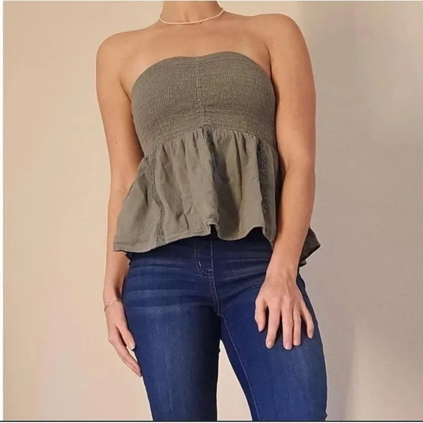 American Eagle‎ Smocked Tube Top Womens Medium Green Boho Hippie Whimsy Fairy - Image 2