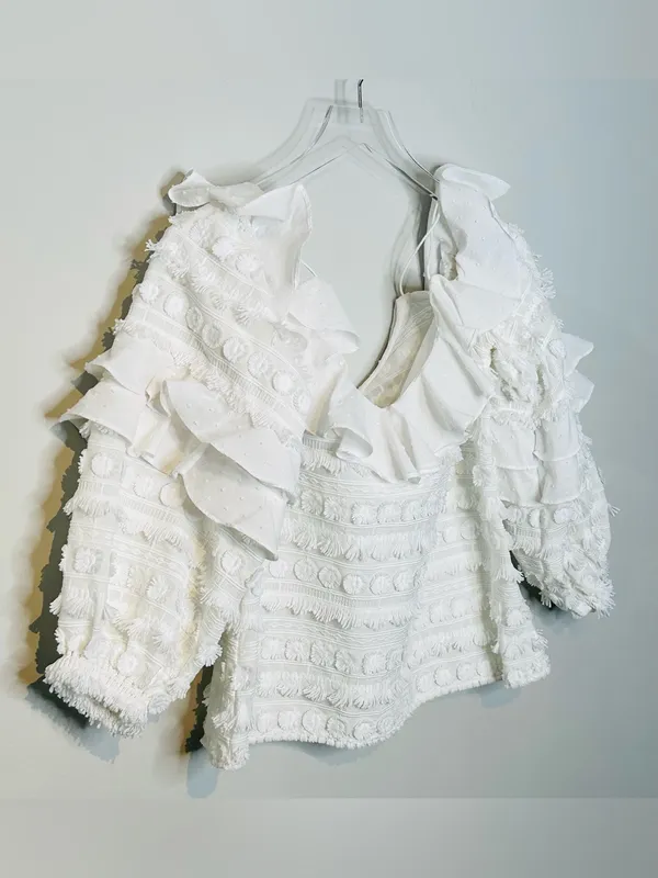 Alexis Damini White Off Shoulder Ruffle Long-Sleeve Fringe Blouse Shirt Top - Image 6
