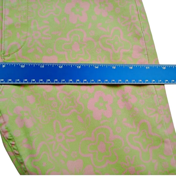 Zara Kick Flare Jeans Womens Sz 10 Green Pink Floral High Rise Crop 70s Raw Hem - Image 10