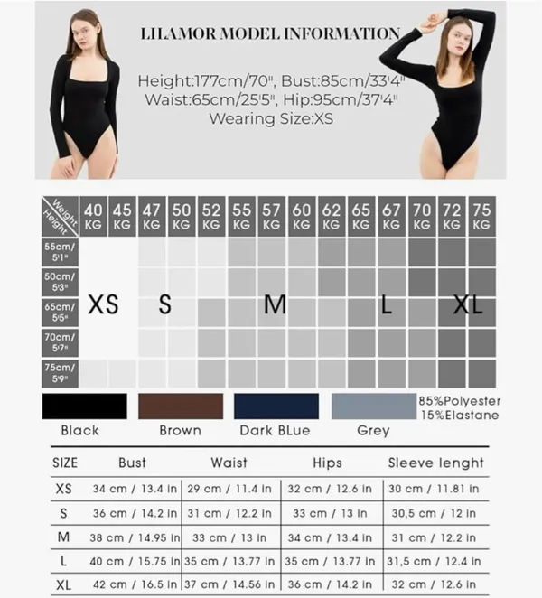 Lila Mor Long Sleeve Bodysuits for Women, Square Neck Body - Image 3