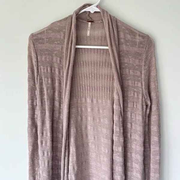 Free People Longline Duster Cardigan Brown Shear Knit Cotton Boho Hippie Flowy - Image 2