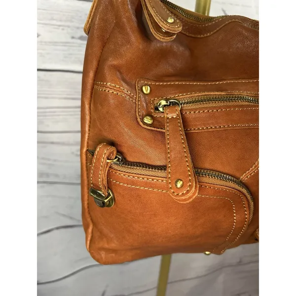 Chocolat Blu Brown Leather Hobo Shoulder Bag Multi Pocket Zip Boho Satchel Purse - Image 2
