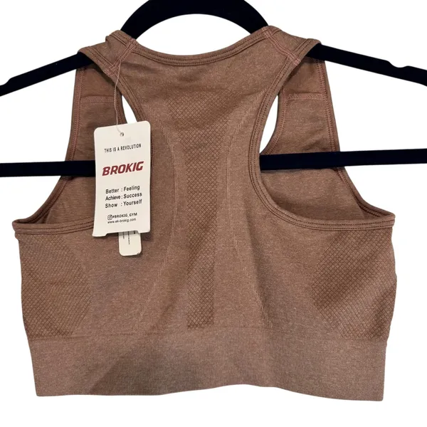 Brokig Womens‎ Seamless Racerback Sports Bra Brown Ruched Front Size S New - Image 8