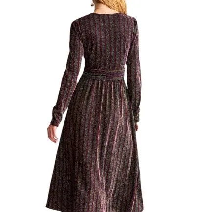 Boden Shimmer Glitter Long Sleeve Stripe Midi Dress Red Black Green Size 8 - Image 3