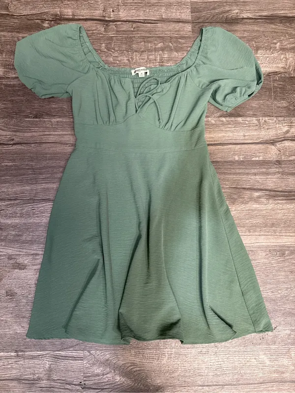 Inspired Hearts Sage Green Puff Sleeve Babydoll Mini Dress Size M - Image 2