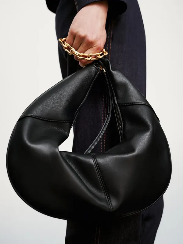 Zara NWT leather Black, gold Chain-Handle round Hobo purse Bag - Image 2