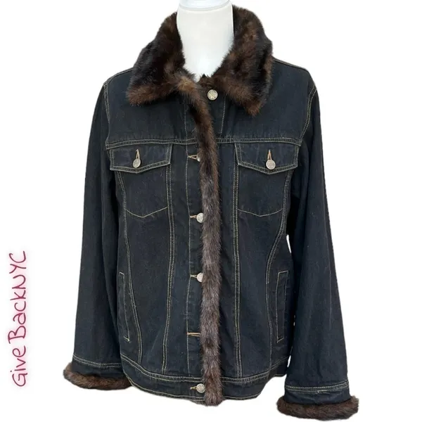 Dennis Basso 2pc Denim Jacket Faux Fur Vest Lining S - Image 3