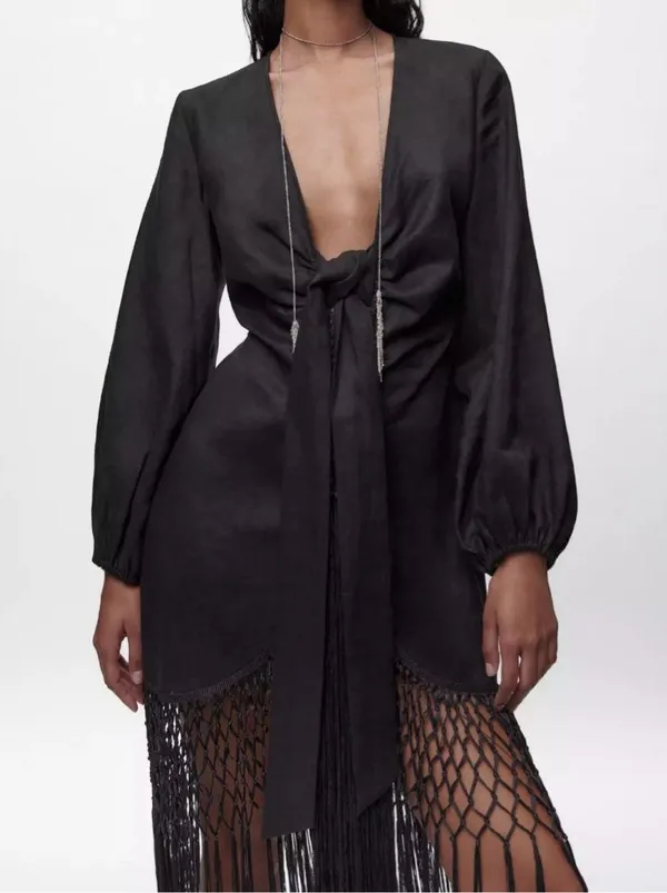 Zara dress midi black linen fringed fringes boho - Image 4