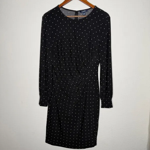Chaps Black Polka‎ Dot Long Sleeve Ruched Sheath Dress - Women's Sz L - Image 3