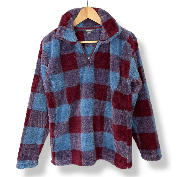 Eddie Bauer Pullover Jacket Plaid Faux Fur Fleece Size Small Sweatshirt Women‎ - Image 3