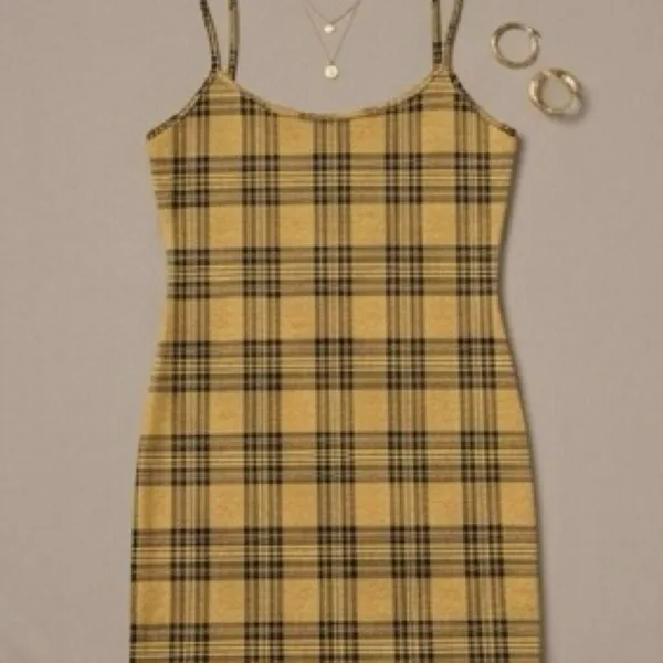 Y2K Mustard Yellow & Black Plaid Mini Slip Dress 90s Schoolgirl S/M - Image 6
