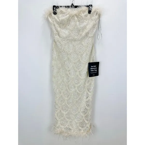 Lulus Uniquely Confident Cream Lace Feather Strapless Midi Dress Cocktail L NWT - Image 5