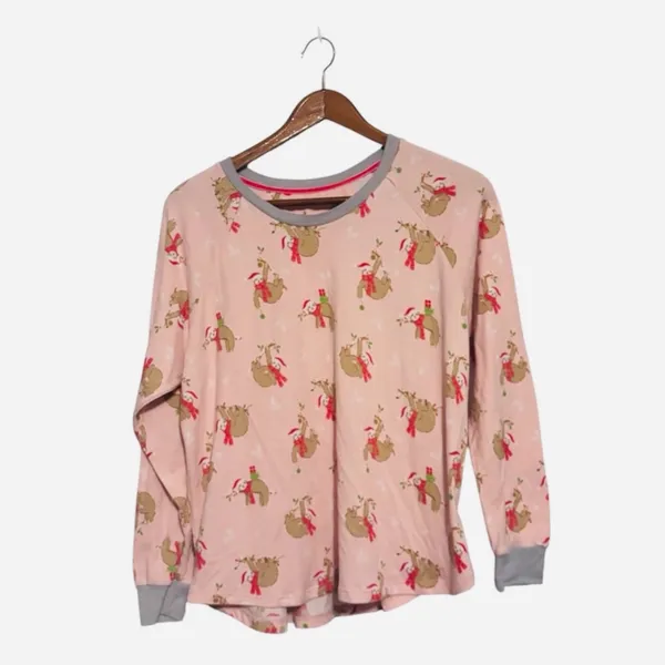 Cuddl Duds Pink Soft Long Sleeve Top with Christmas Holiday Sloth Print - Image 2
