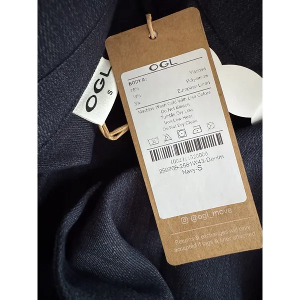 NWT OGL Viscose Linen Collared V-neck Midi Dress Drawstring Denim Navy Small - Image 6