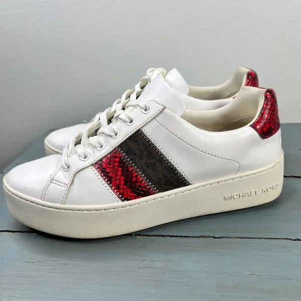 Michael Kors Poppy White Red Snakeskin Logo Platform Sneakers AN20L Womens 7.5M - Image 3