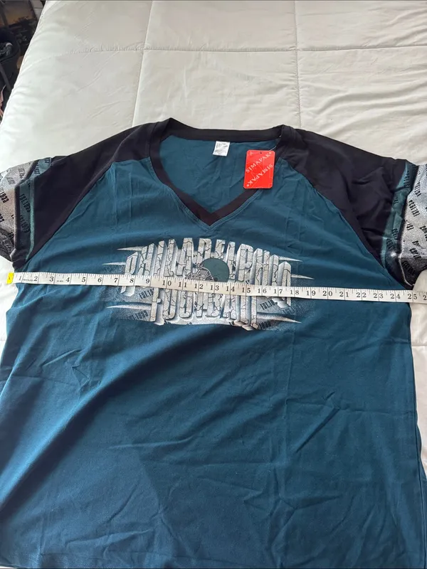 Adult Philadelphia Eagles Teal Football V‑Neck Tee with Black Raglan Sleeves - Image 6