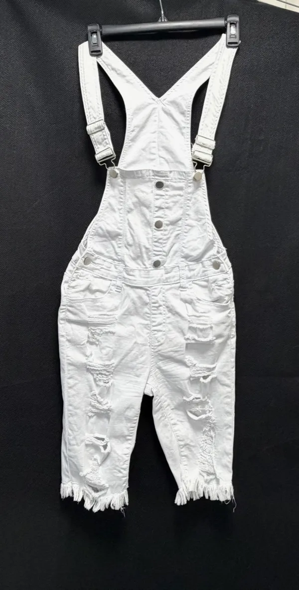 American Bazi White Distressed Denim Overalls - Size S (Fringe Hem) - Image 3